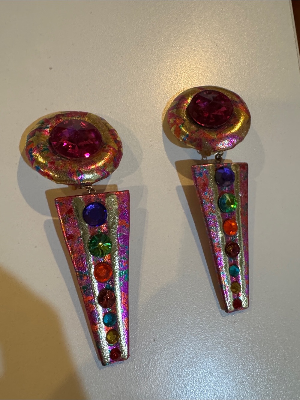 Bold Multicolor Leather &Gem Drop Earrings - Shimmering Pink and Rainbow Accents